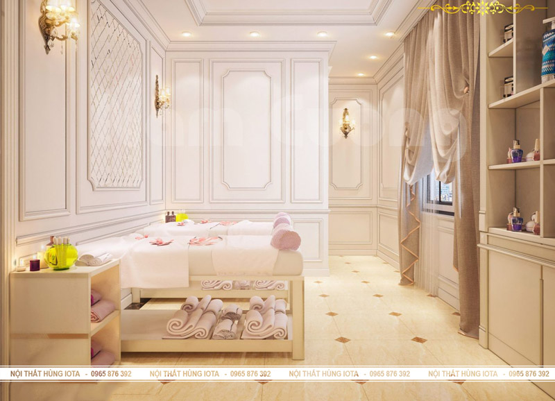 Nội thất spa đẹp màu trắng sữa - Giường spa gỗ sồi