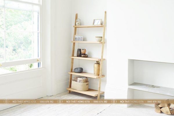 Giá gỗ hình thang gỗ sồi đựng đồ trang trí phòng khách gia đình, nail, spa