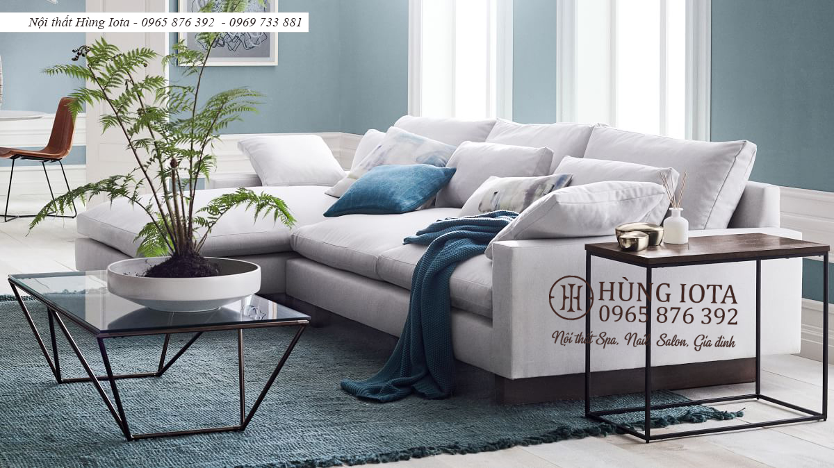 Sofa gia đình chữ L màu xám nhạt chât nỉ nhung đẹp giá rẻ