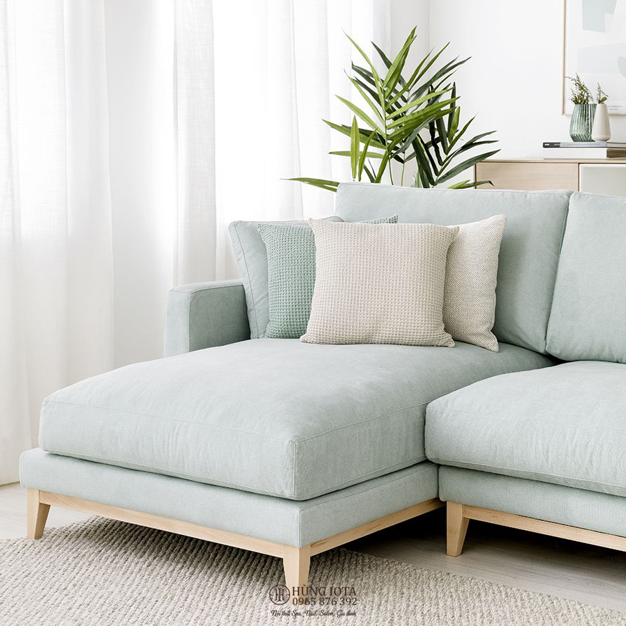 Sofa gia đình decor chữ L màu xanh nhạt đẹp giá xưởng