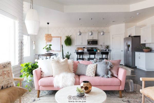 Ghế sofa chung cư màu hồng nhạt decor đẹp giá rẻ sang trọng