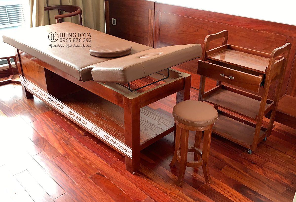 Giường spa, ghế gỗ spa, xe đựng dụng cụ spa màu đỏ gỗ hương