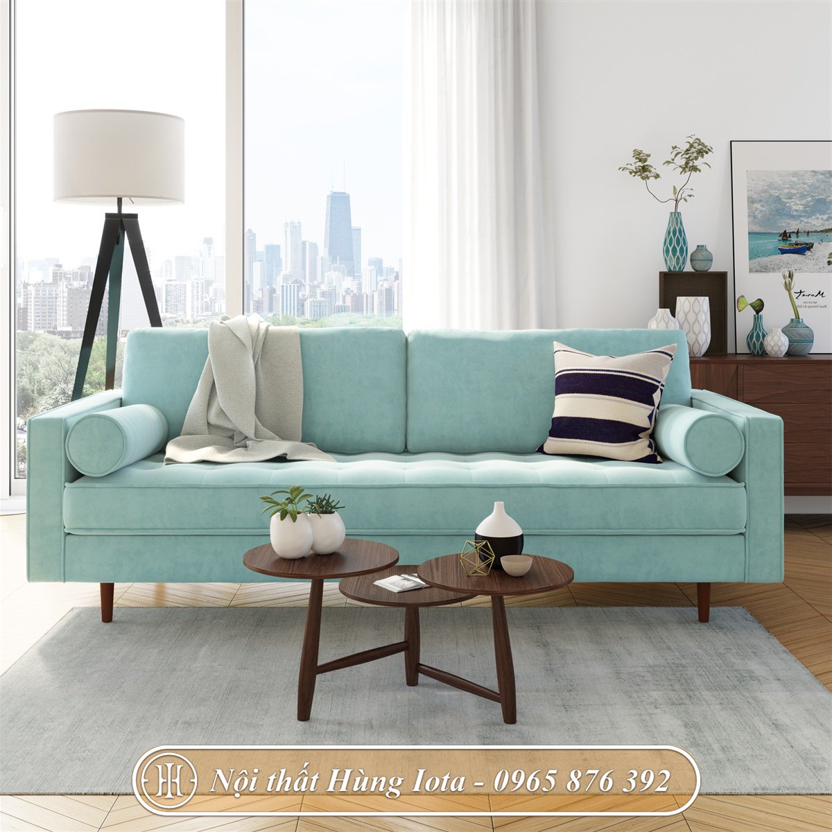 Ghế sofa nhung màu xanh lơ cho gia đình