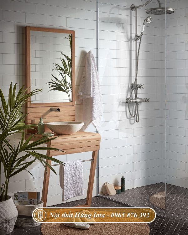 Gương soi nhà tắm hình chữ nhật màu nâu gỗ