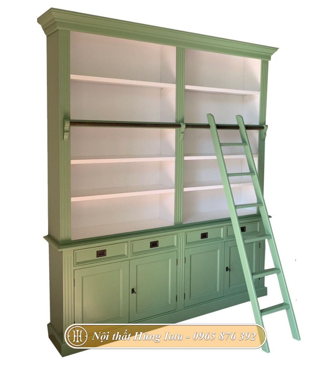 Tủ gỗ đựng sách có thang màu xanh độc đáo