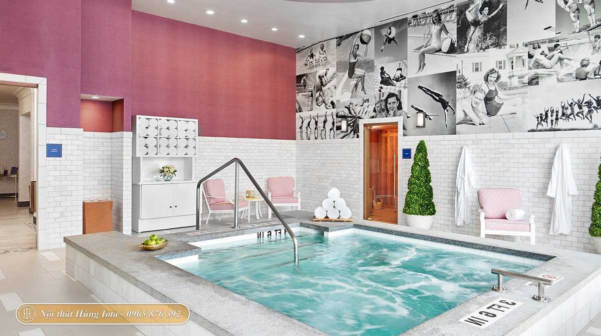 Thiết kế spa có bể bơi trong nhà tone hồng trắng hiện đại