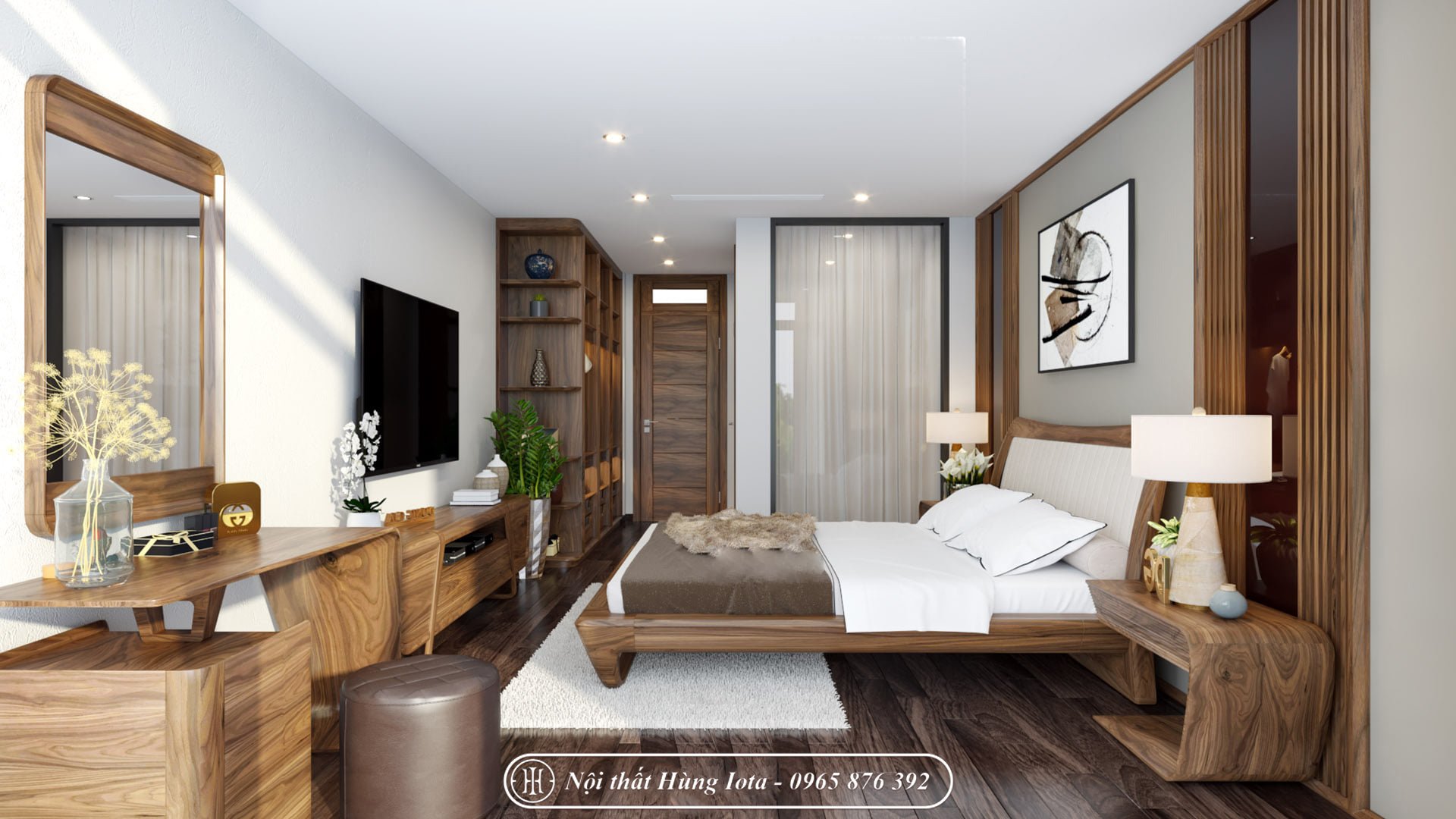 Giường gỗ óc chó tựa đệm đẹp cho phòng ngủ chung cư, biệt thự