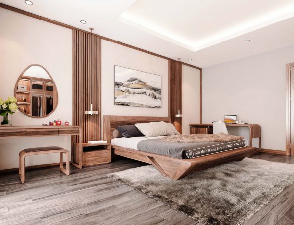 Giường ngủ gỗ óc chó cao cấp chân hình thang đẹp hiện đại