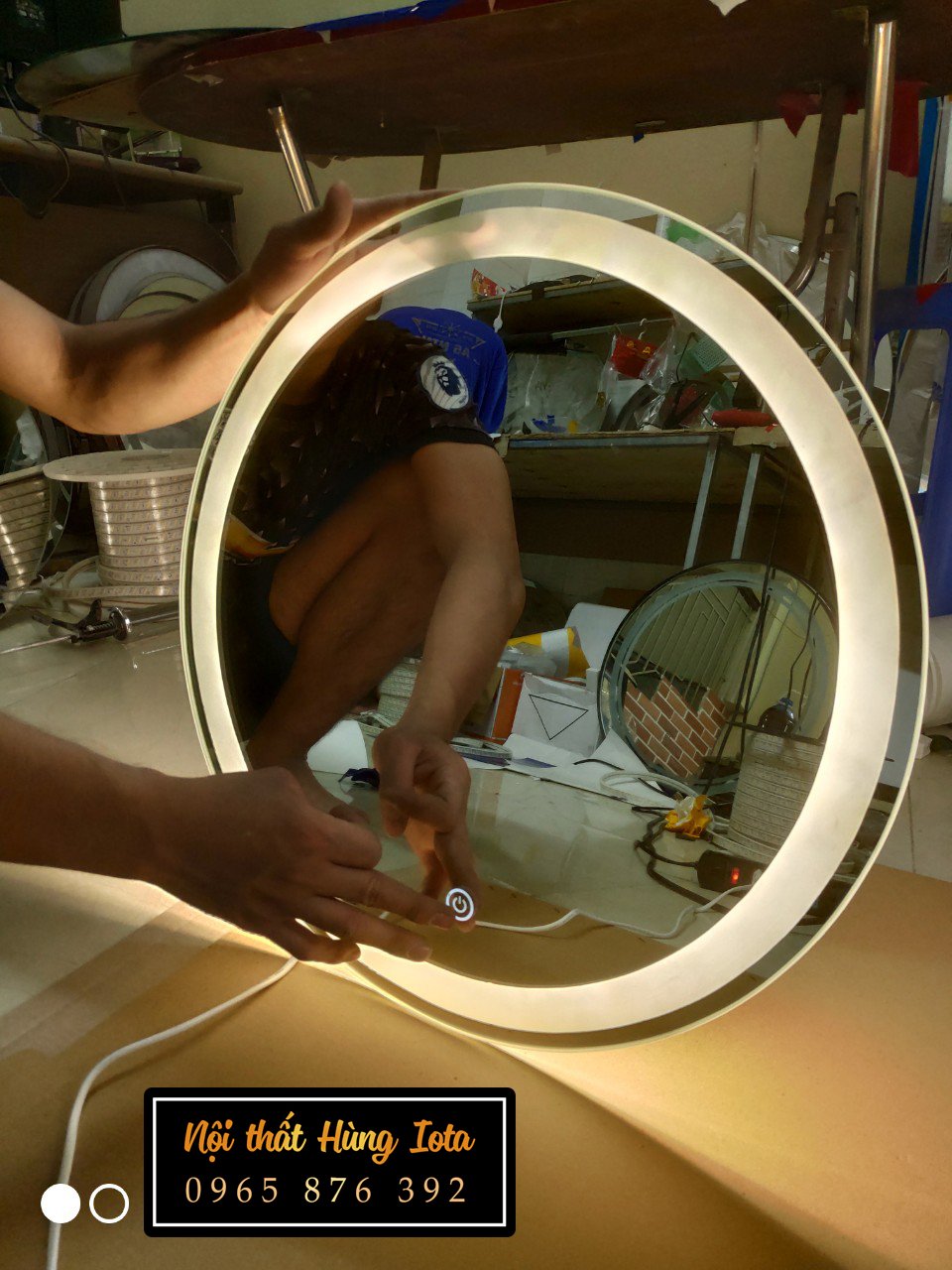 Gương tròn có đèn led decor spa, salon tóc