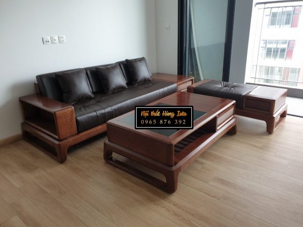 Bàn ghế sofa gỗ óc chó đệm bọc da màu đen hiện đại