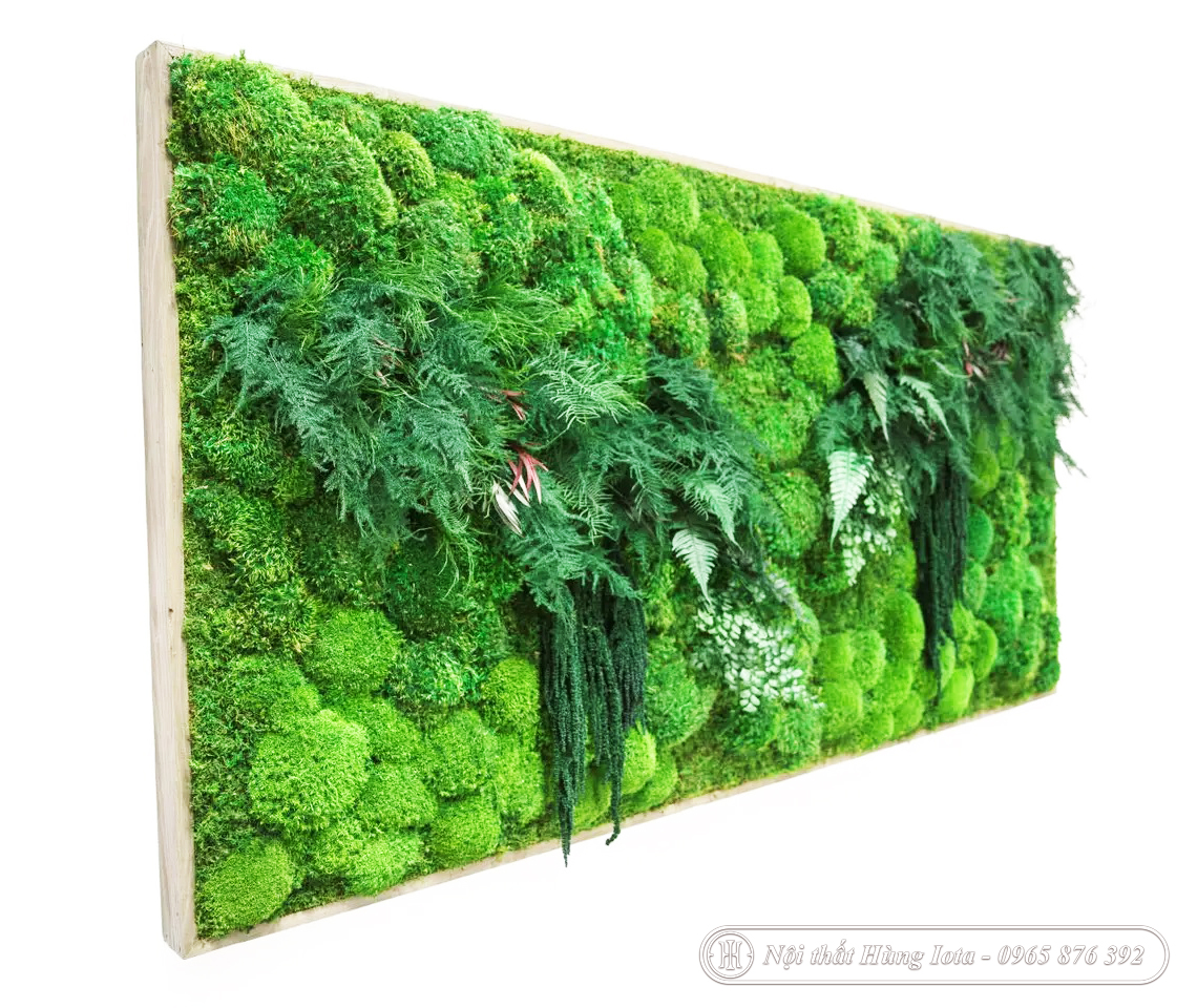 Tranh rêu hình chữ nhật khung gỗ cây dương xỉ xanh, rêu đầu xanh