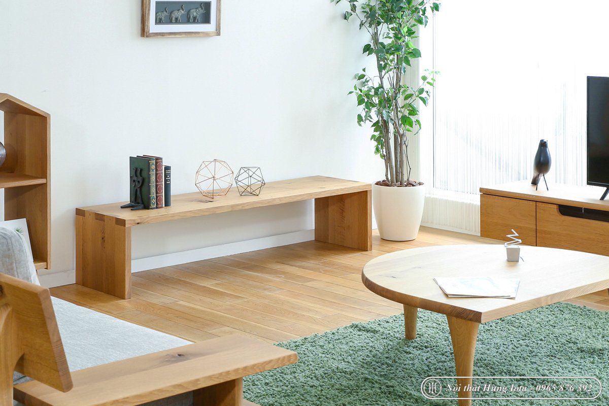 Kệ gỗ thấp đựng đồ decor phòng khách