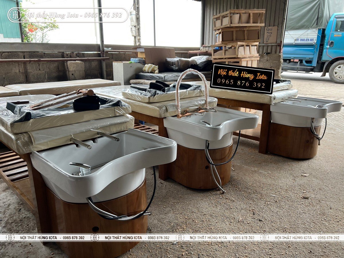 Xưởng sản xuất giường gội đầu gỗ sồi có vòm nước