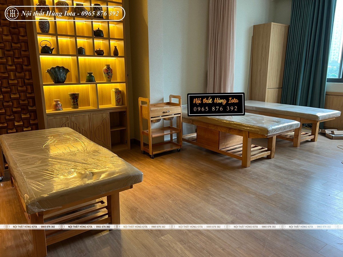 Giường spa có tủ màu gỗ cho Osum spa Ngoại Giao Đoàn