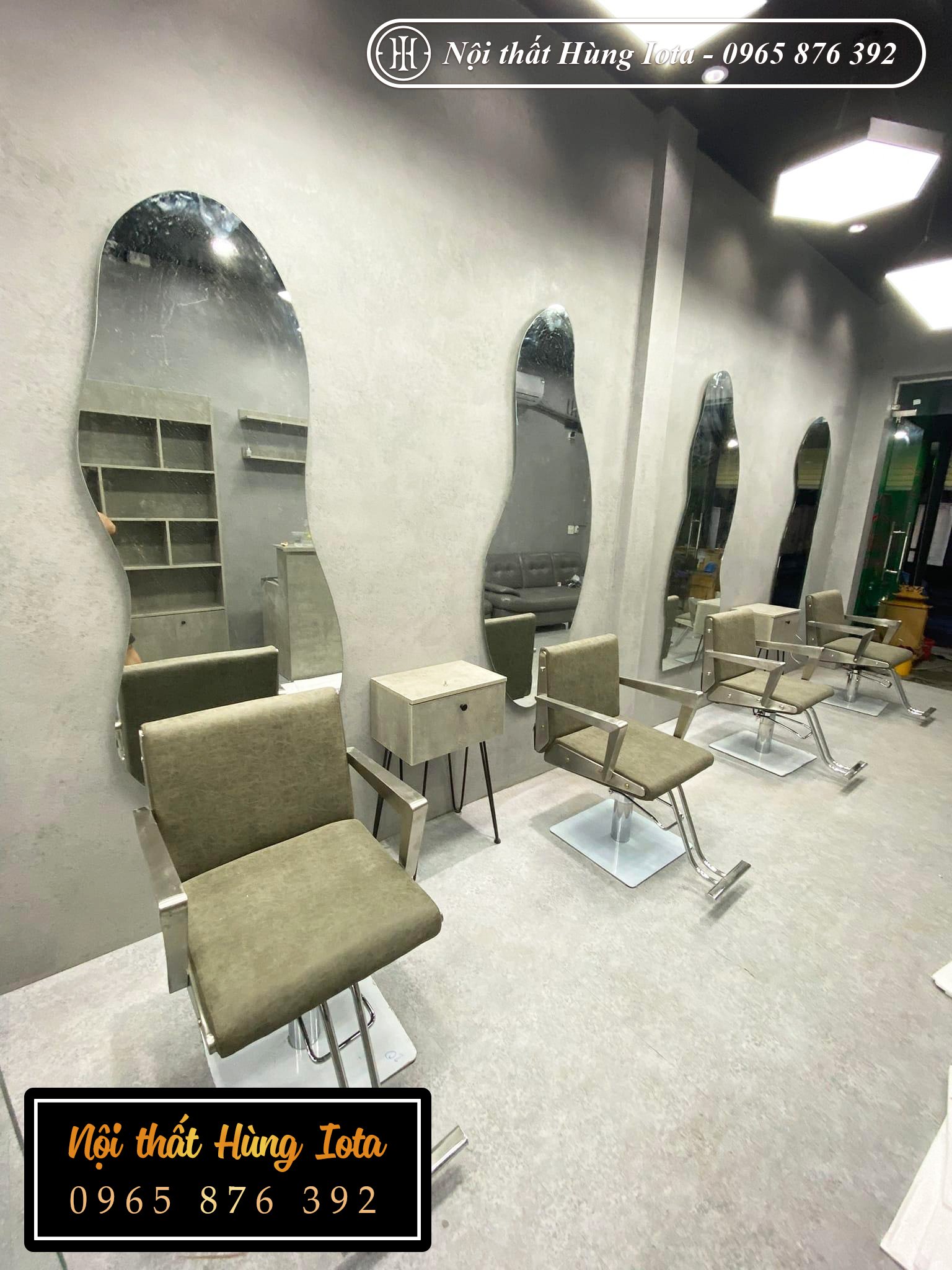 Lắp đặt nội thất salon tóc màu xanh rêu tại Bắc Ninh