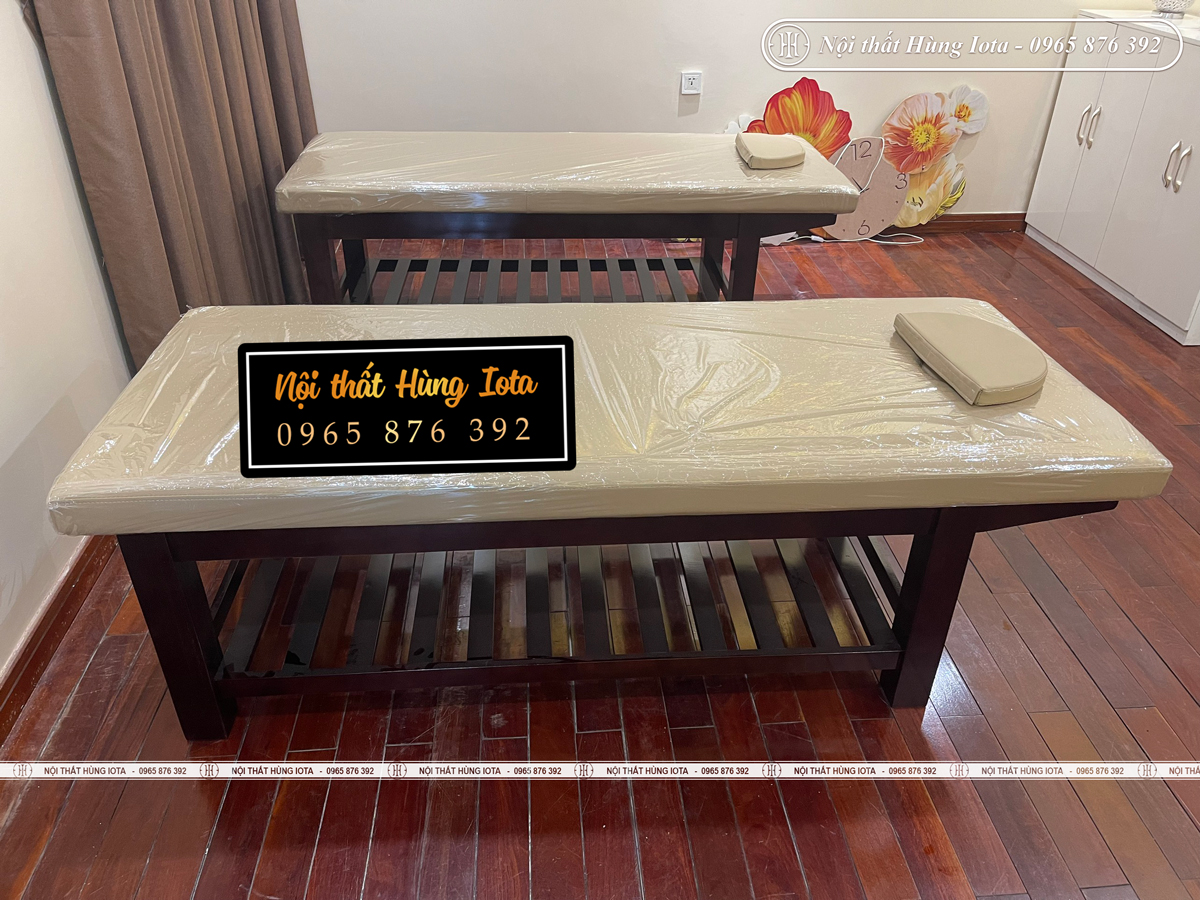 Lắp đặt giường spa tại Long Biên gỗ sồi đệm màu be