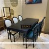 Bàn ghế ăn cổ điển màu xanh đen trắng 6 ghế gỗ cao cấp