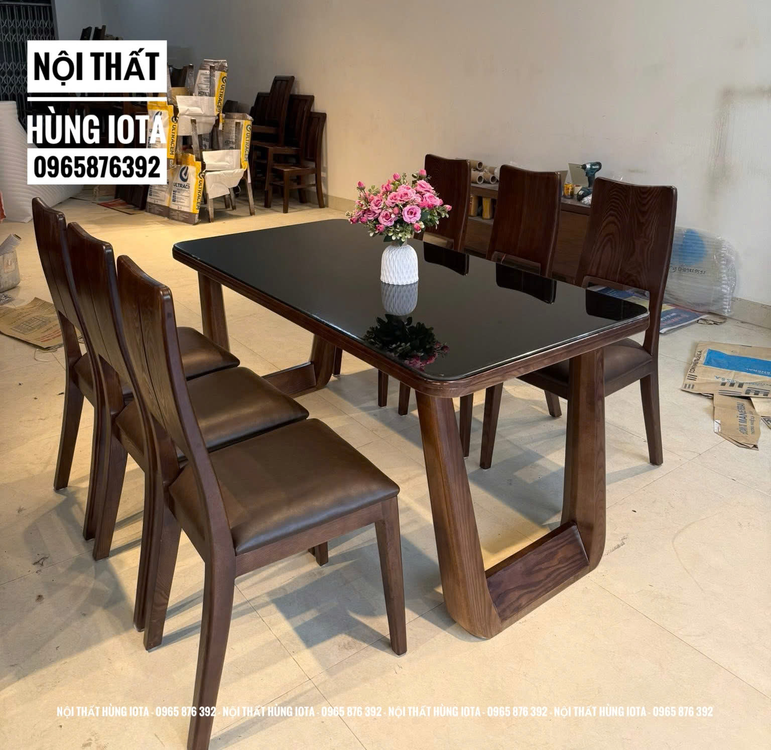 Bàn ăn chân chữ U 6 ghế 2 lá